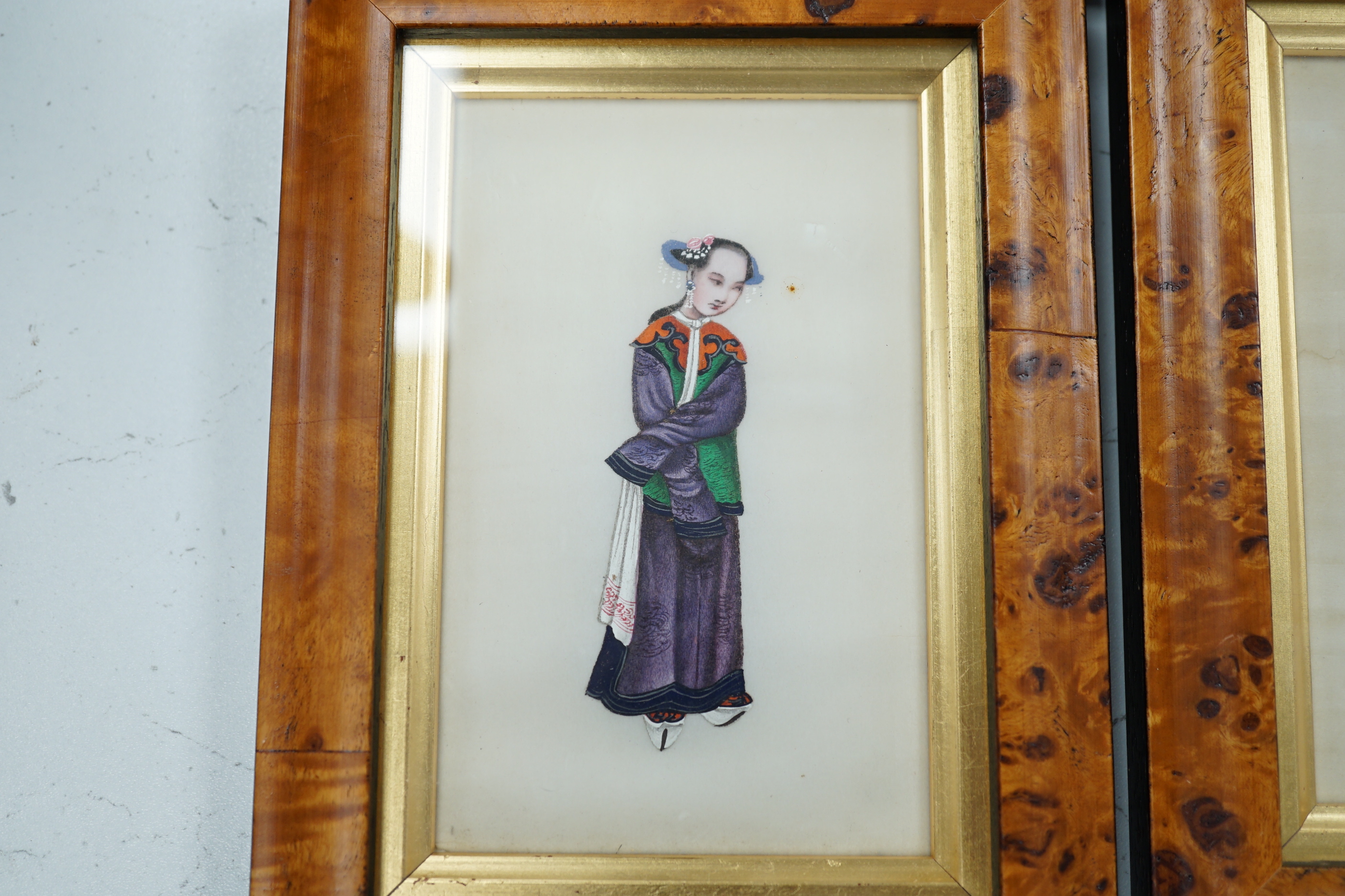 A set of six framed Chinese pith paper figure paintings, 9cm wide, 13cm high